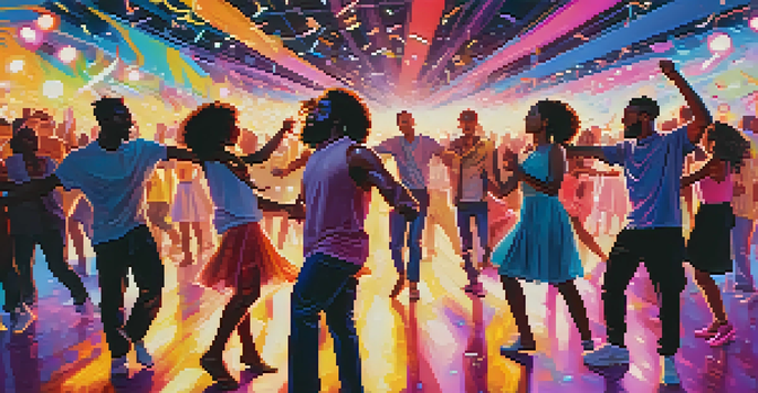 A diverse group of dancers in a colorful music video set, expressing joy and connection through movement under bright lights.