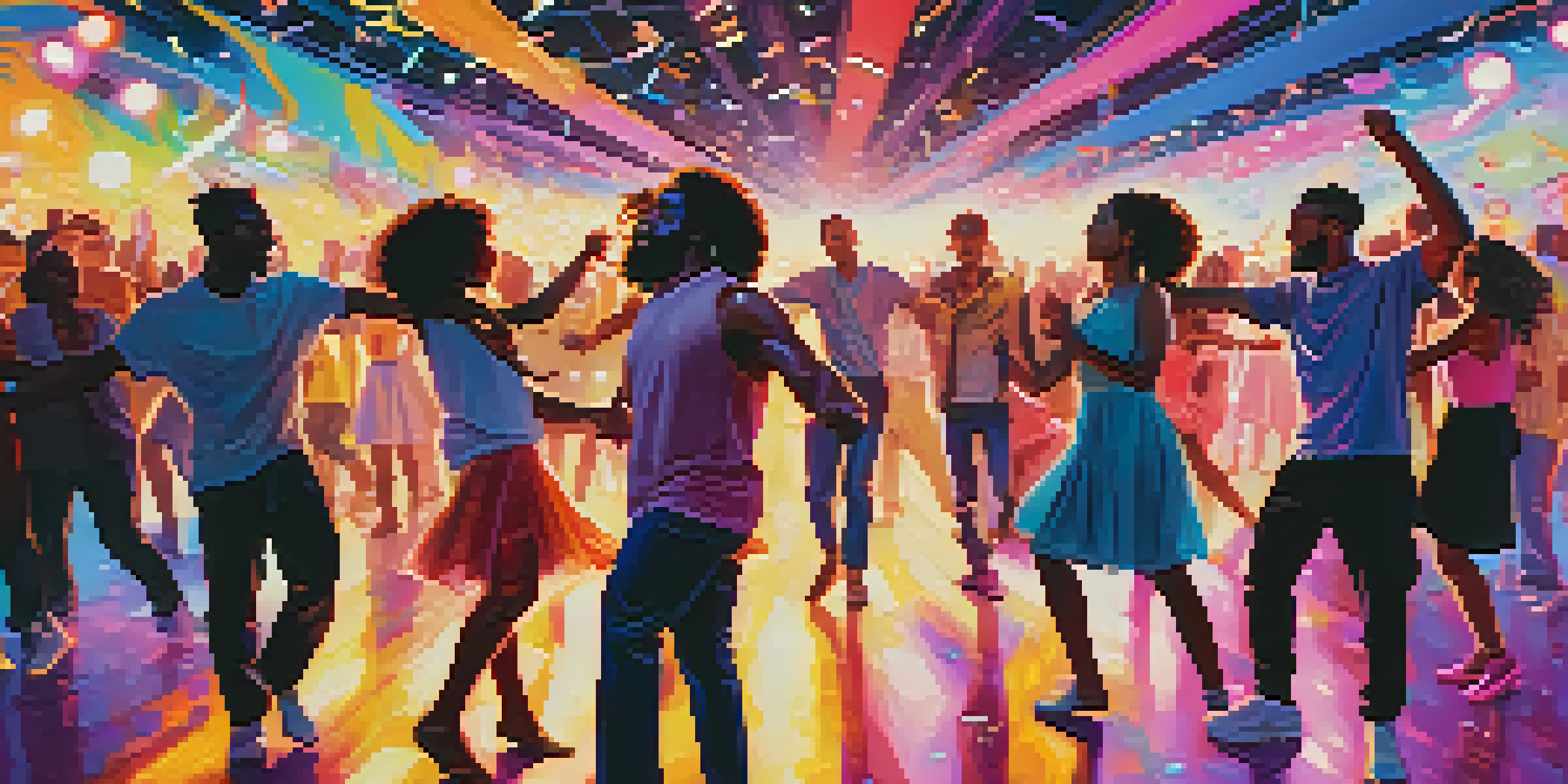 A diverse group of dancers in a colorful music video set, expressing joy and connection through movement under bright lights.
