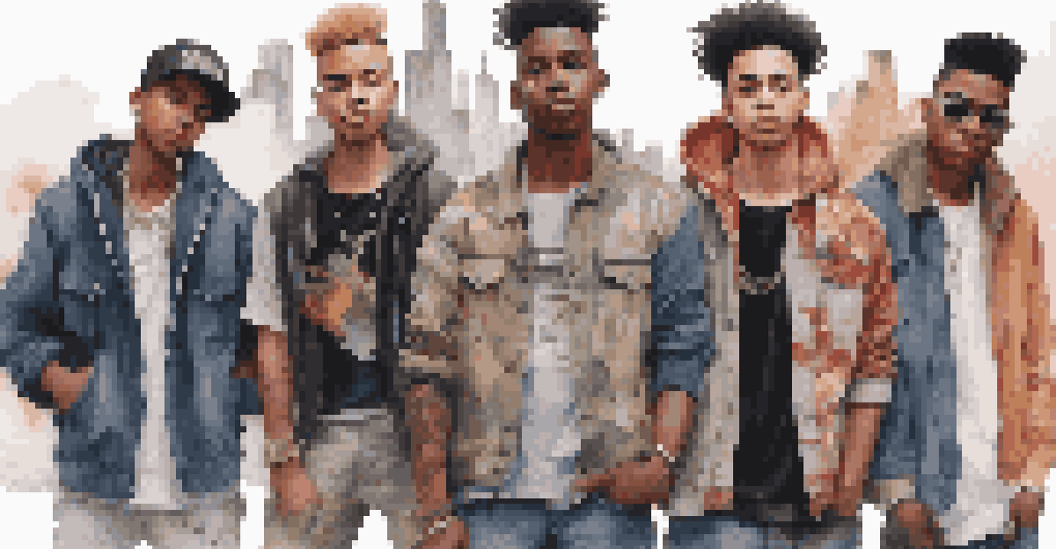 A diverse group of young men representing modern boy bands in stylish outfits, with an urban background.