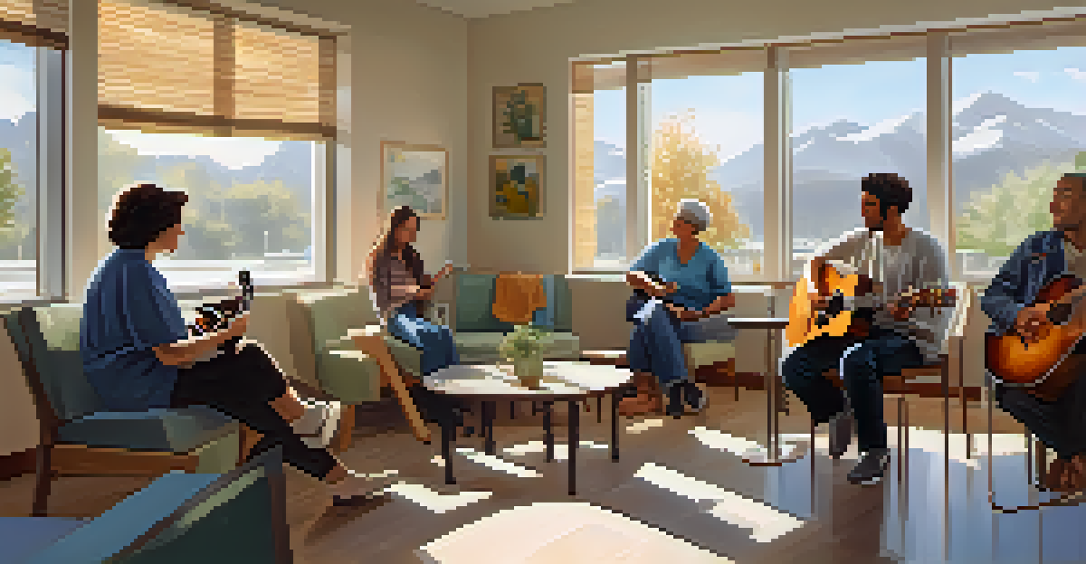 A music therapist playing guitar for patients in a cozy hospital lounge filled with sunlight.