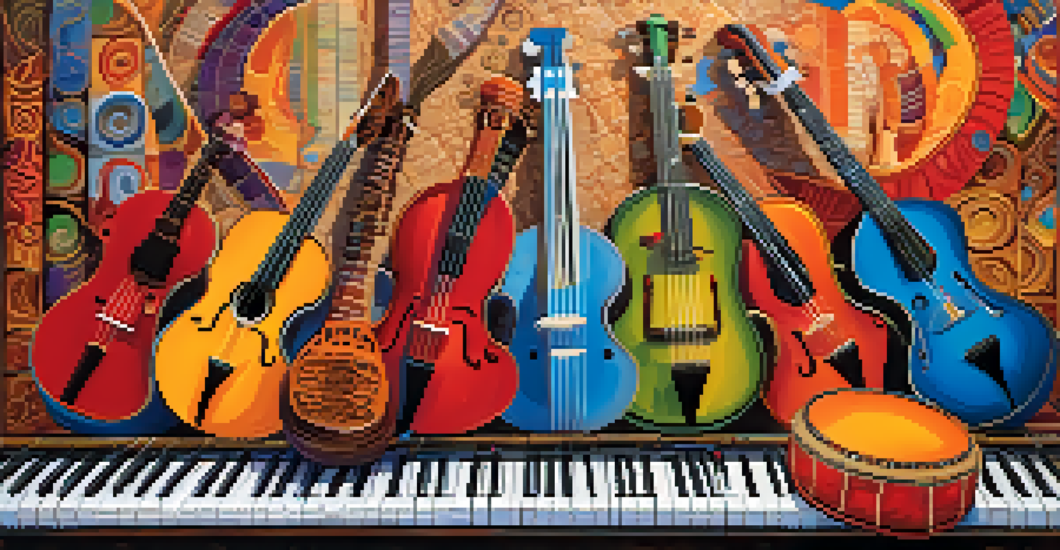 A colorful collage of various musical instruments such as a sitar, djembe, and marimba, with a background of musical notes and symbols, showcasing the diversity of music.