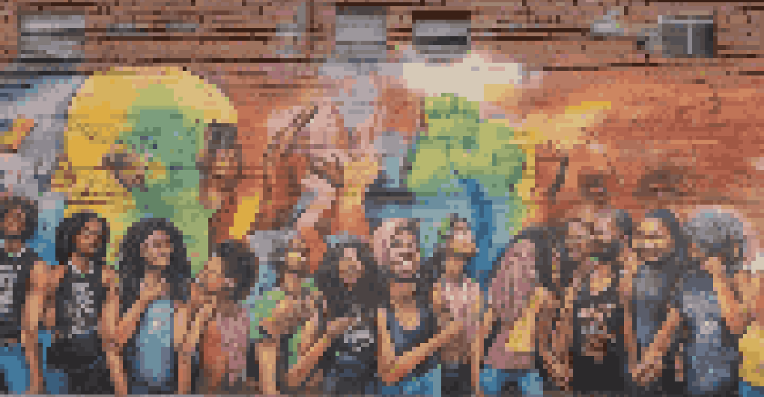 A colorful urban mural featuring lyrics from protest songs and images of musicians, symbolizing activism.