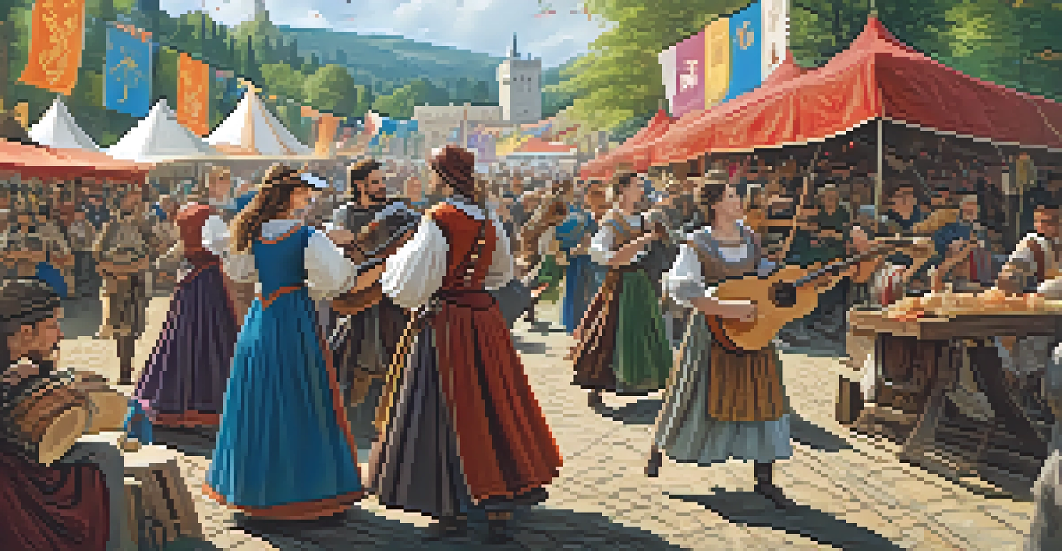 A lively outdoor medieval festival with musicians, dancers, and colorful decorations, showcasing a community celebration.