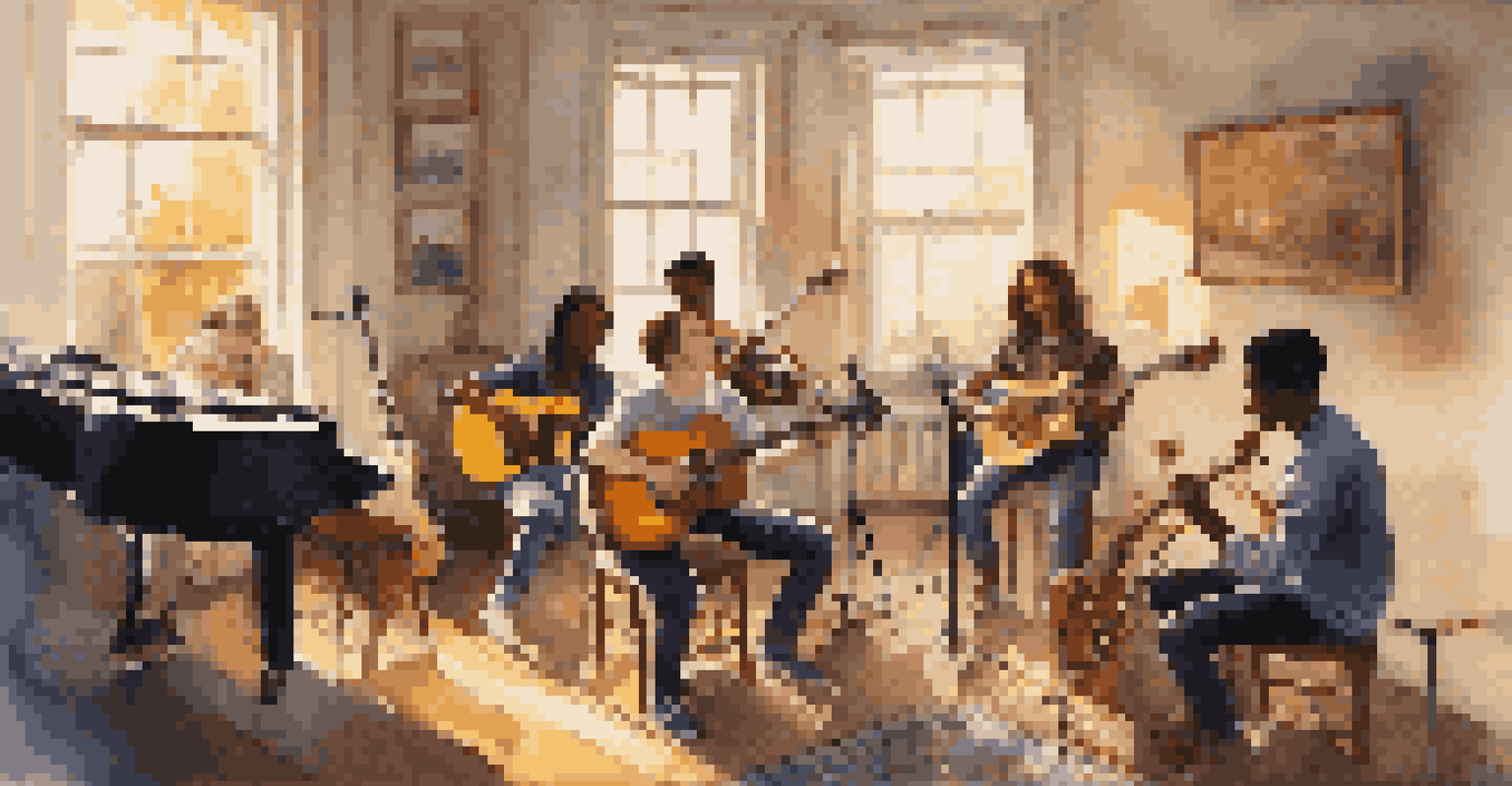 A close-up of young musicians practicing together in a bright room, collaborating with instruments like guitars and drums, showcasing creativity.