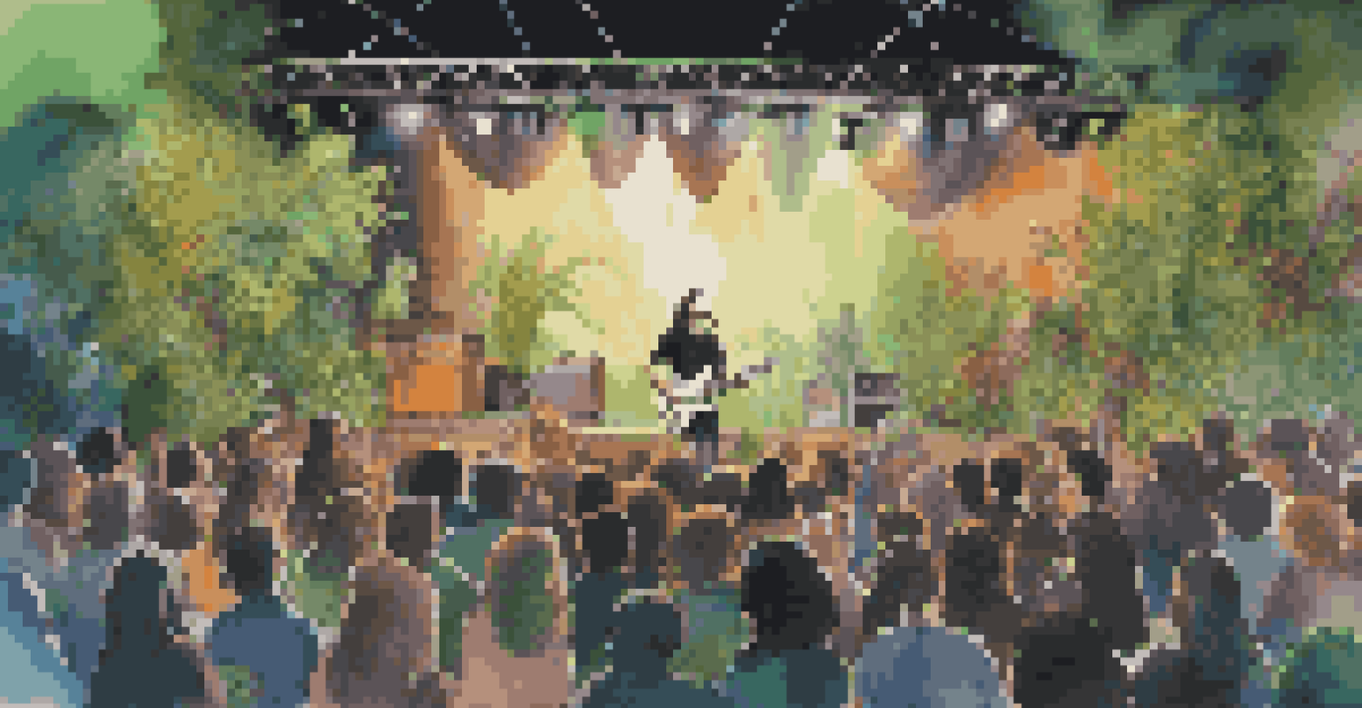 An artist performing on stage with a backdrop of recycled materials, promoting sustainability.