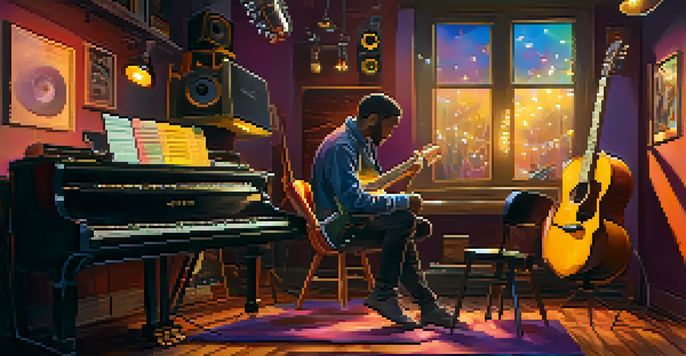 A music studio with two musicians collaborating, one on acoustic guitar and the other on a keyboard, surrounded by colorful sound equipment.