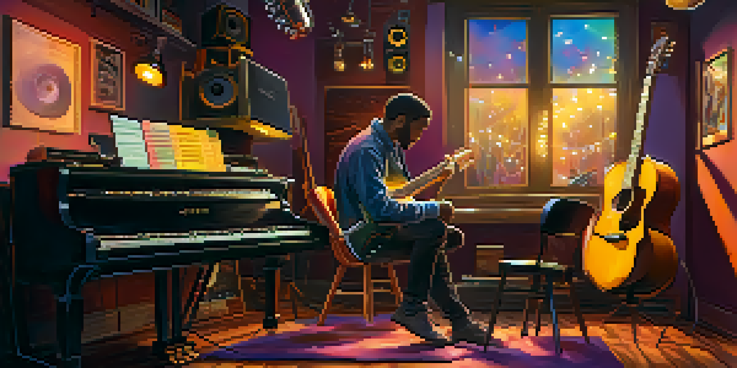 A music studio with two musicians collaborating, one on acoustic guitar and the other on a keyboard, surrounded by colorful sound equipment.