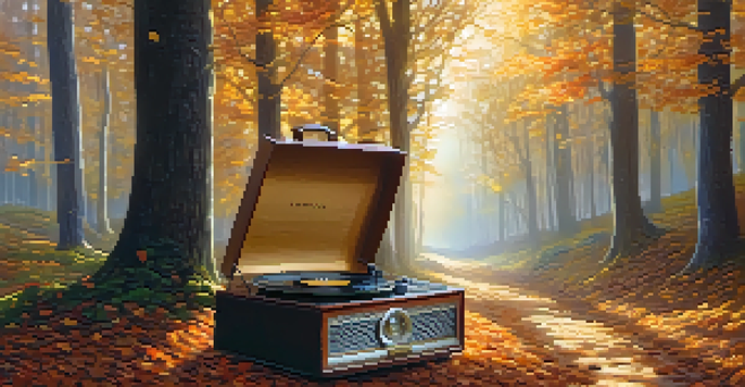 A sunlit forest with a path covered in autumn leaves and a vintage record player, with musical notes floating through the air.