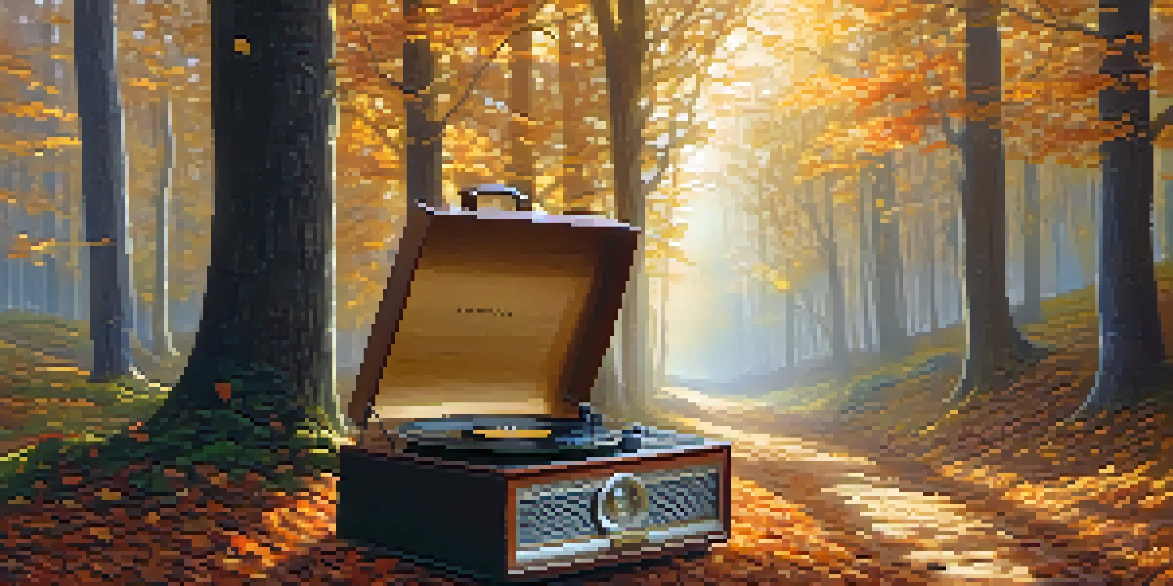 A sunlit forest with a path covered in autumn leaves and a vintage record player, with musical notes floating through the air.