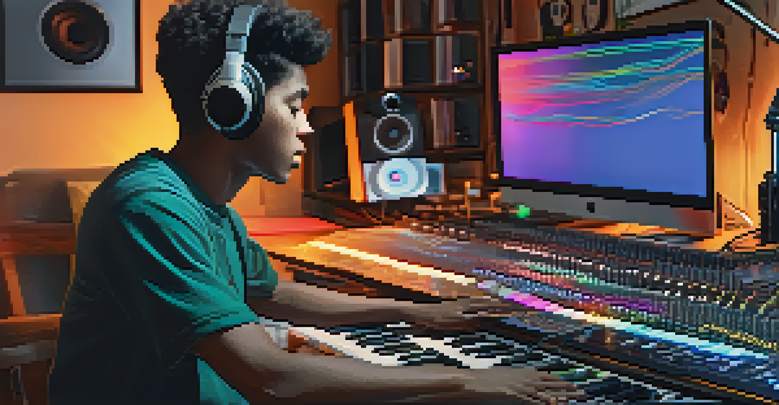 A close-up of a young artist in a home studio, creating music with digital technology, surrounded by colorful sound wave visuals on a screen.