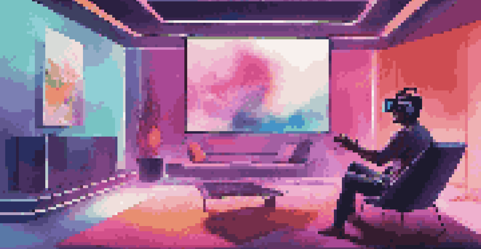A person in a modern living room enjoying a VR concert with a headset and vibrant visuals on a screen.
