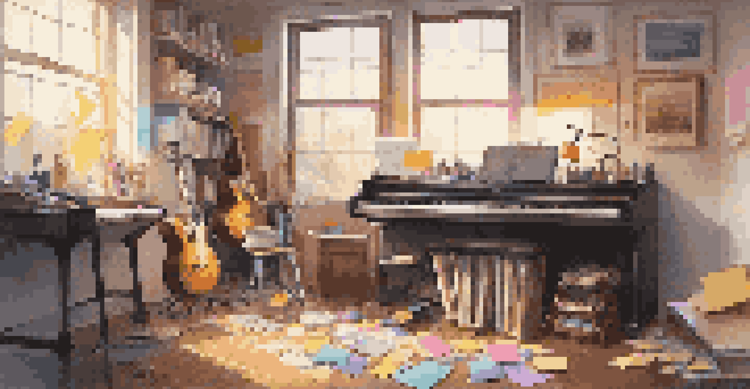 A creative workspace with various musical instruments, including guitars and a piano, surrounded by colorful post-it notes, illuminated by soft window light.