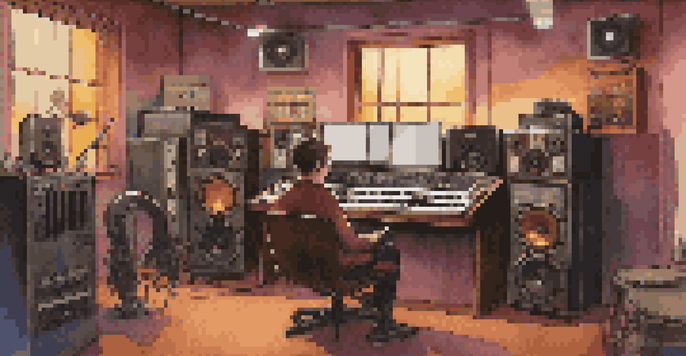 A music producer working in a vintage music studio filled with instruments and a mixing console.