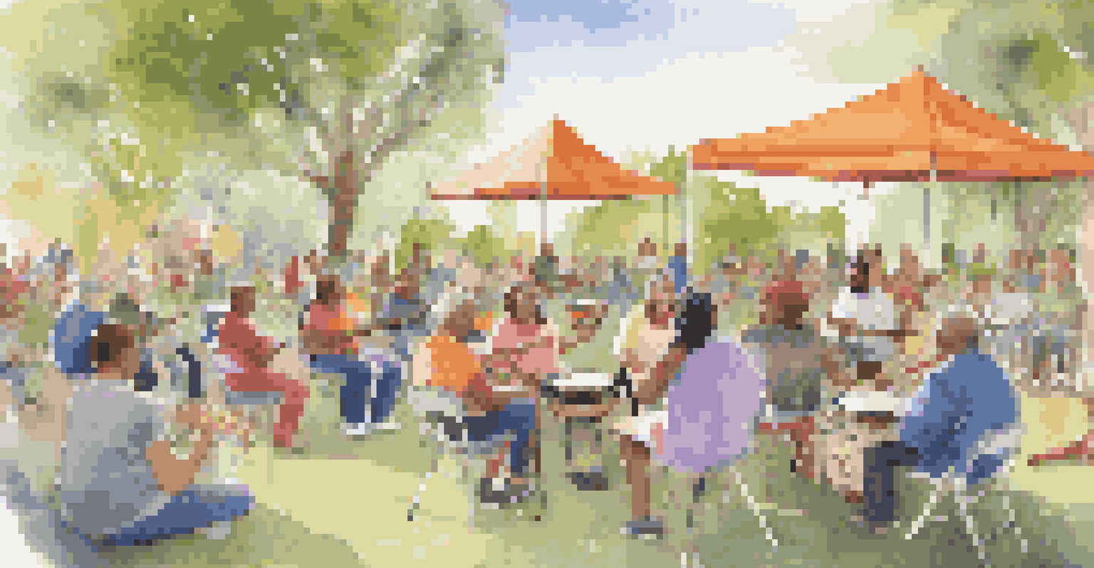 Caregivers of various ages participating in a lively outdoor drumming circle, smiling and engaging in a supportive community atmosphere.