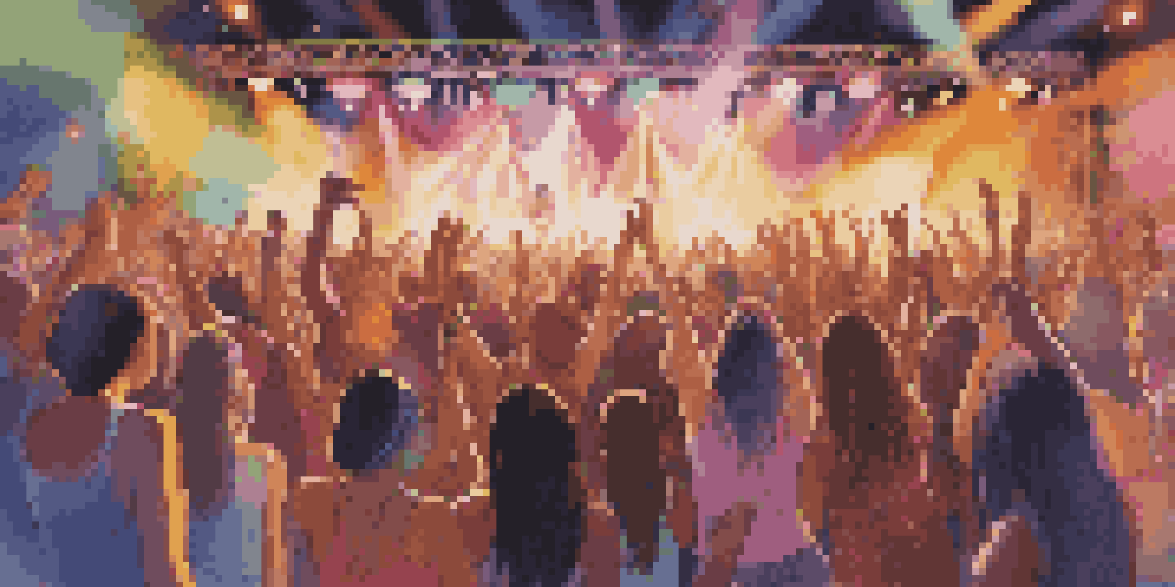 A lively music festival featuring female musicians on stage with colorful lights and a dancing crowd.