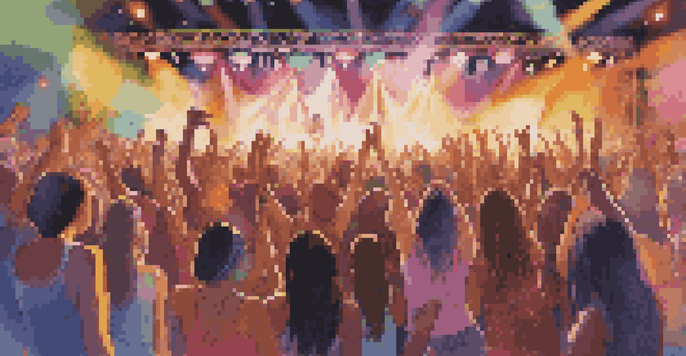 A lively music festival featuring female musicians on stage with colorful lights and a dancing crowd.