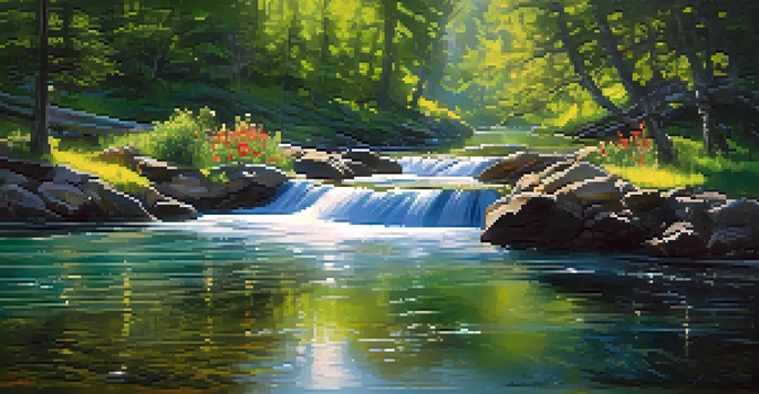 A peaceful scene with a stream flowing into a waterfall, surrounded by vibrant nature and sunlight filtering through trees.