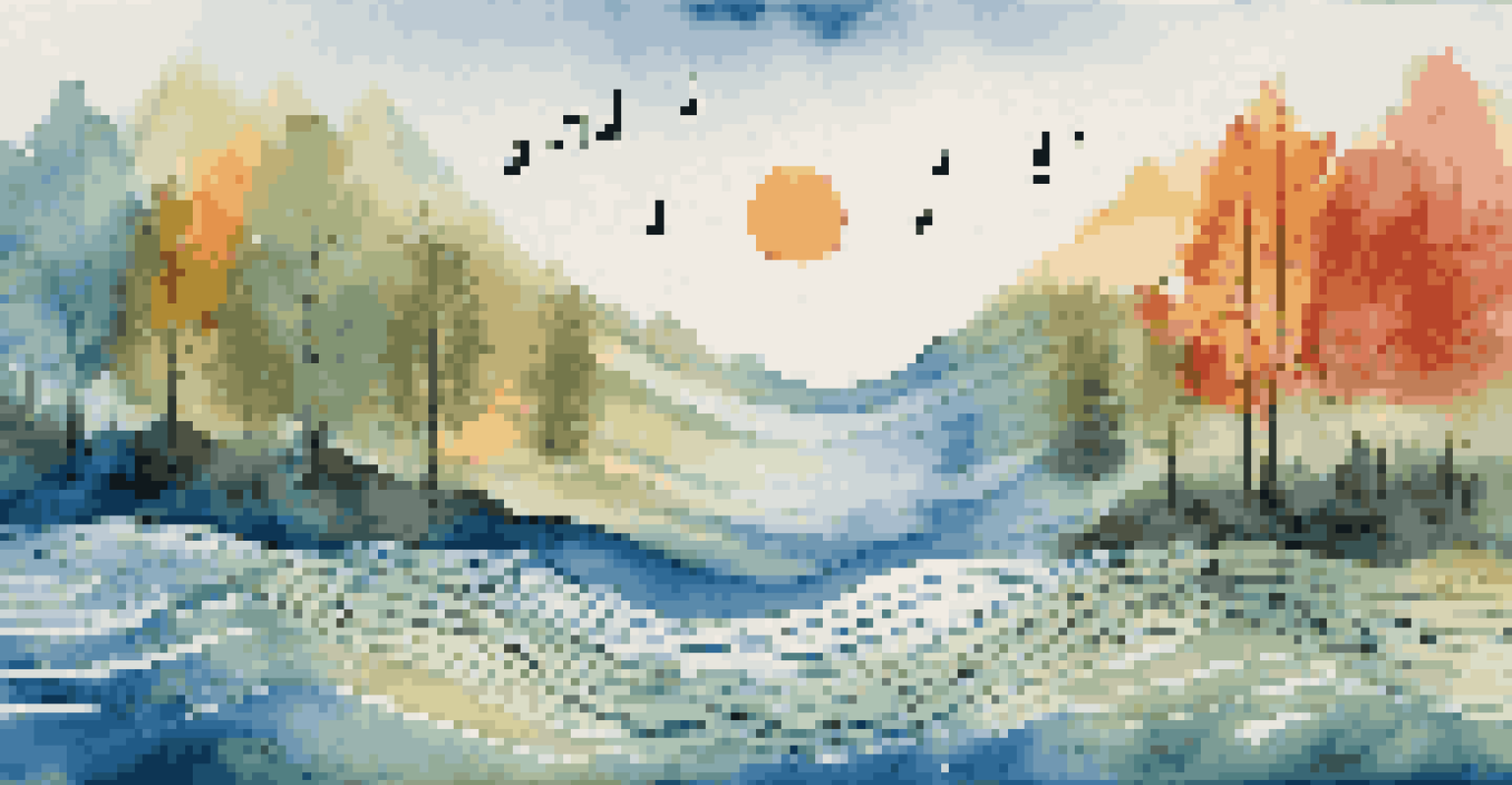 An artistic depiction of sound waves blending with elements of nature like trees and mountains, showcasing the connection between music and the environment.