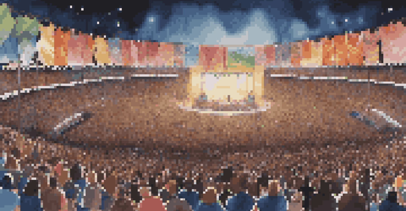 Aerial view of a music festival with a large crowd in front of a grand stage, illuminated by colorful lights.