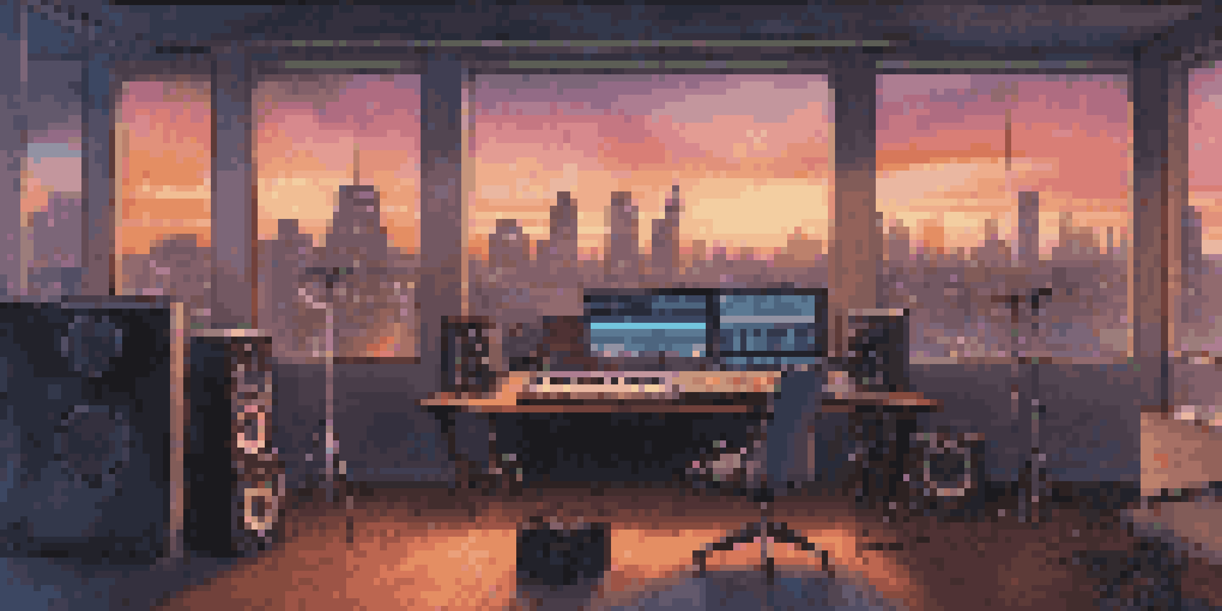 A musician in a modern music studio with high-tech equipment and an AI interface, illuminated by soft ambient lighting, with a city skyline visible through the window.