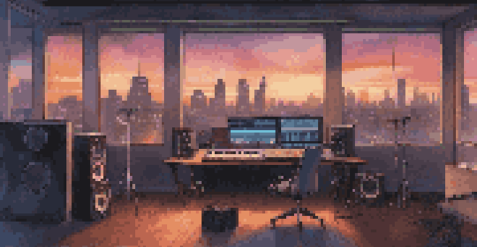 A musician in a modern music studio with high-tech equipment and an AI interface, illuminated by soft ambient lighting, with a city skyline visible through the window.