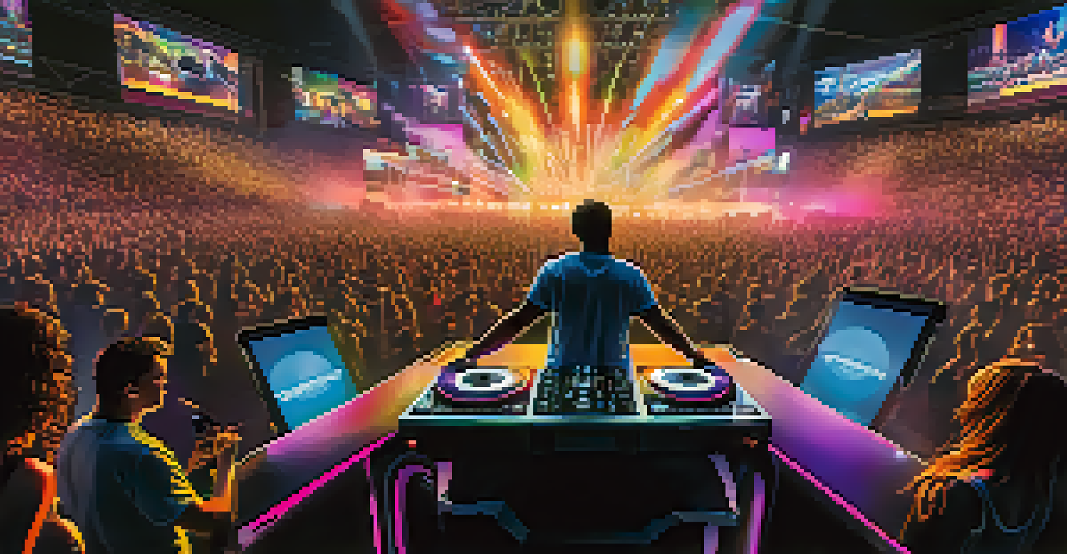 A DJ engaging the audience with interactive visuals and technology, creating a vibrant atmosphere.