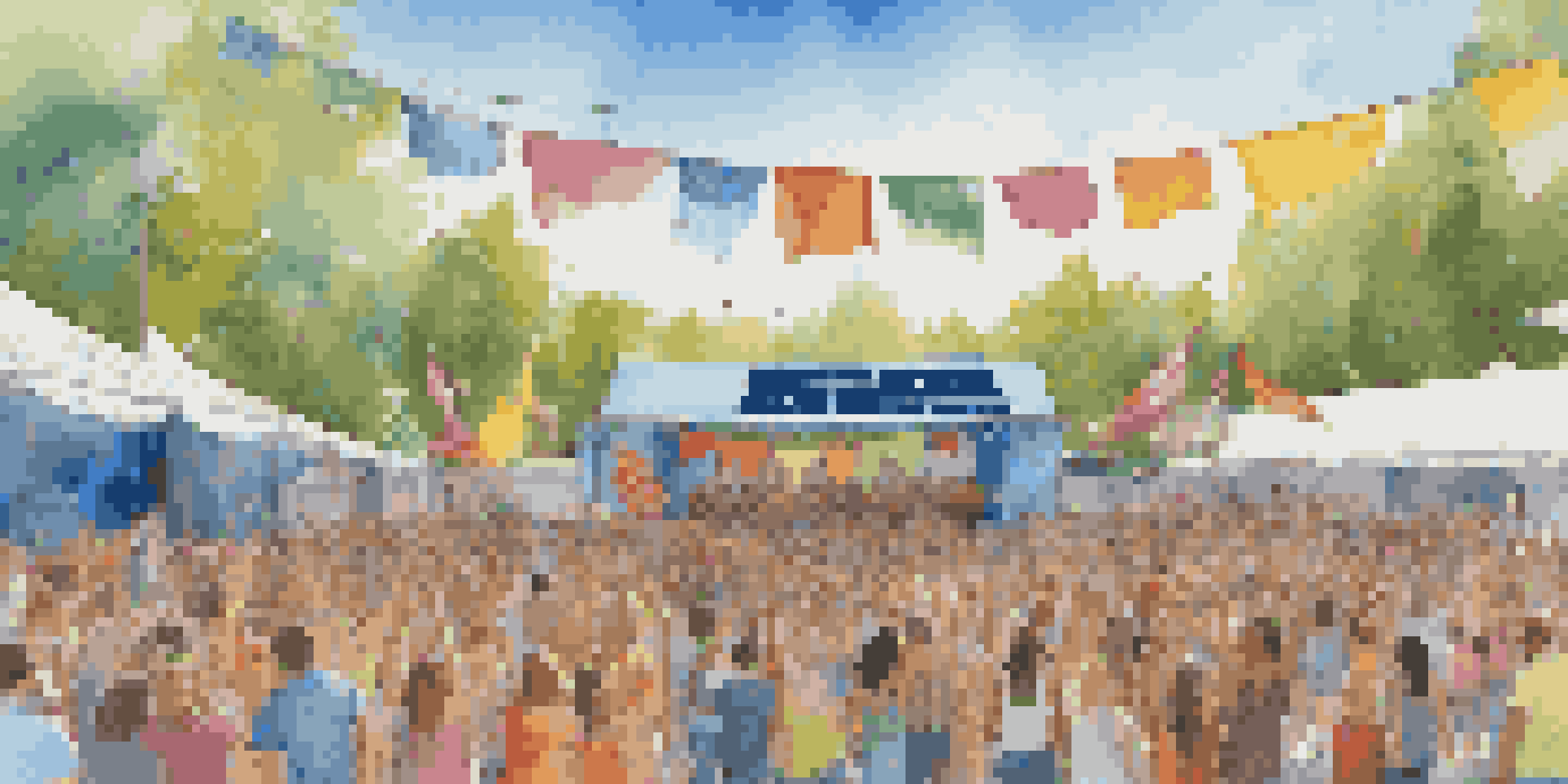 A lively outdoor music festival with a solar-powered stage and a crowd enjoying the performance, surrounded by eco-friendly decorations.
