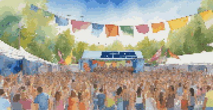 A lively outdoor music festival with a solar-powered stage and a crowd enjoying the performance, surrounded by eco-friendly decorations.