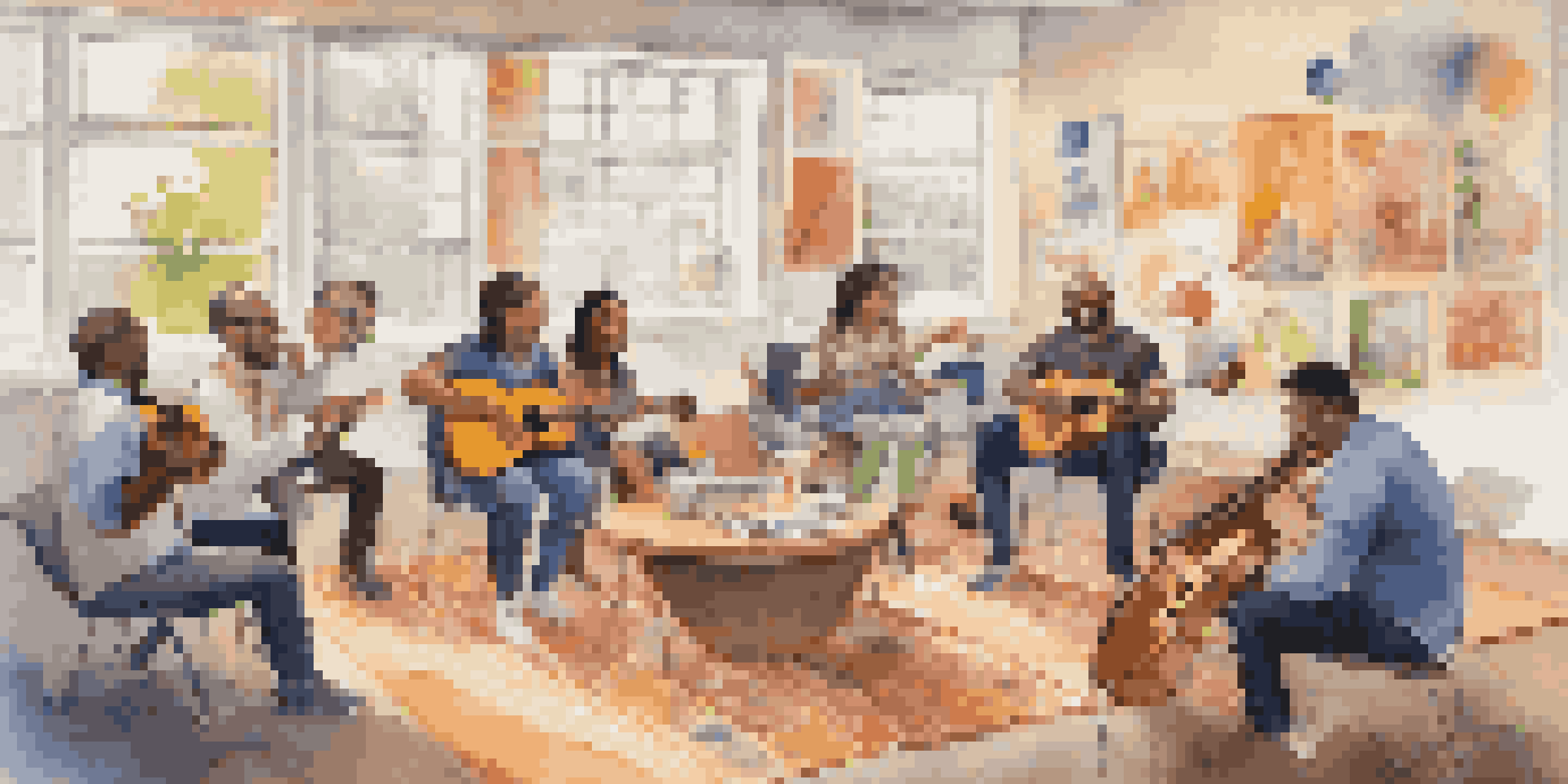 A diverse group of employees in an office setting participating in a music therapy session, playing instruments and smiling, with warm lighting and colorful decorations.