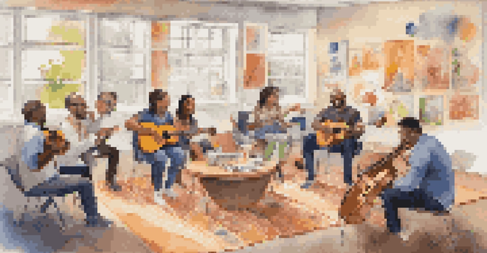 A diverse group of employees in an office setting participating in a music therapy session, playing instruments and smiling, with warm lighting and colorful decorations.