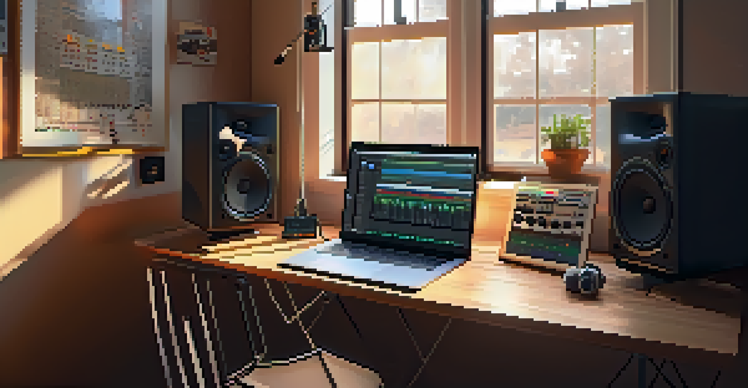 A home recording studio with a laptop, keyboard, and guitar, illuminated by soft natural light from a window, creating a warm ambiance.