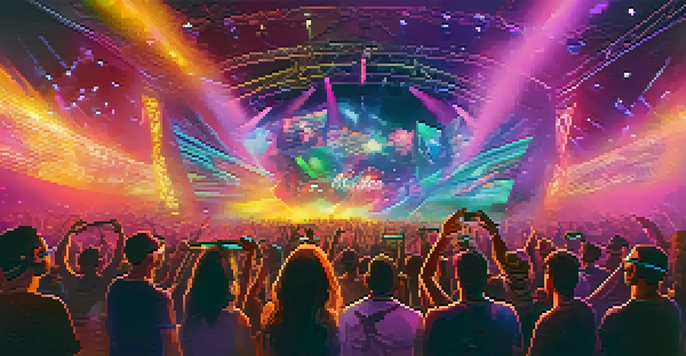 A colorful virtual reality concert with an audience wearing VR headsets, surrounded by dynamic lights and holographic visuals.