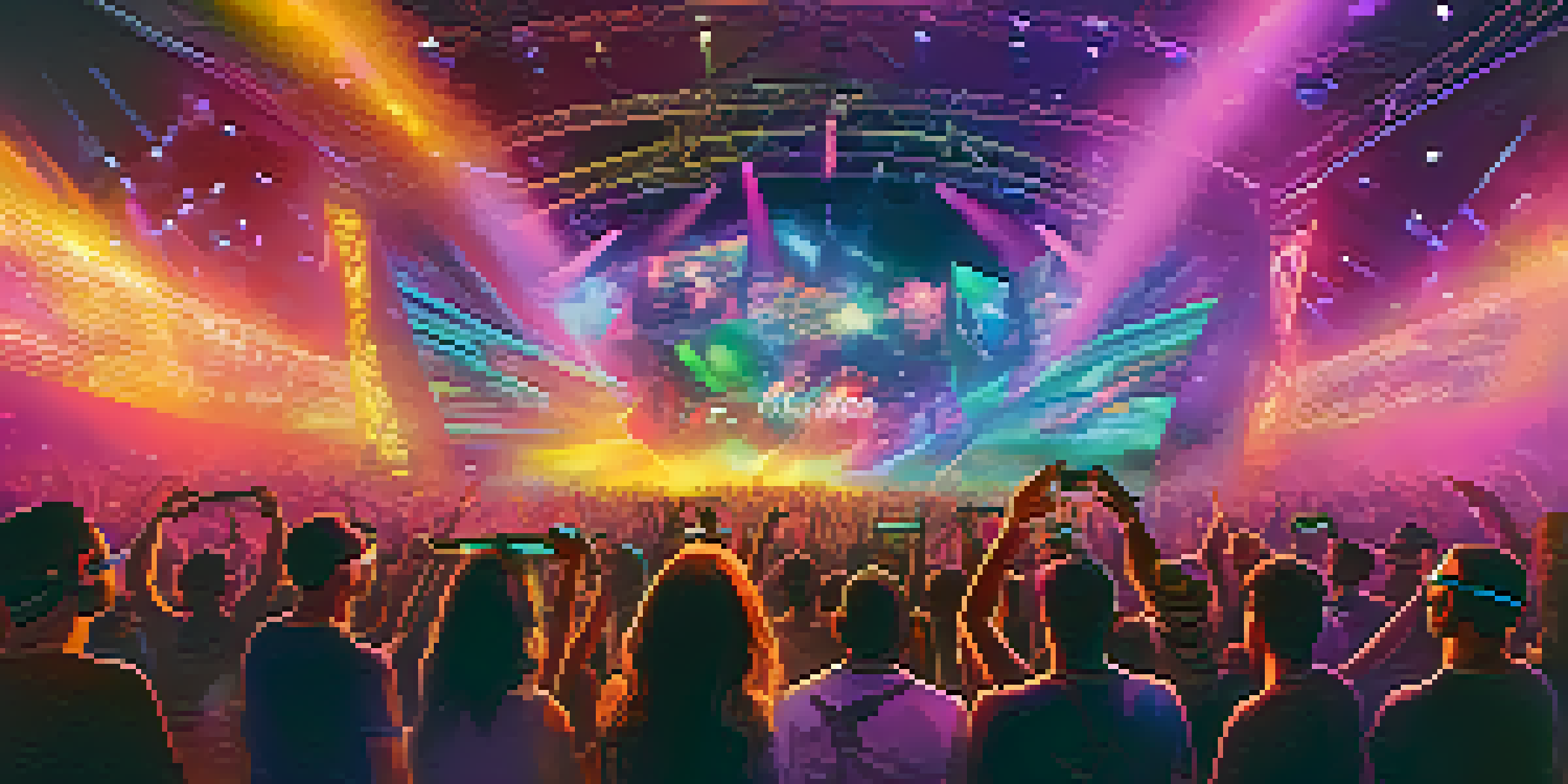 A colorful virtual reality concert with an audience wearing VR headsets, surrounded by dynamic lights and holographic visuals.