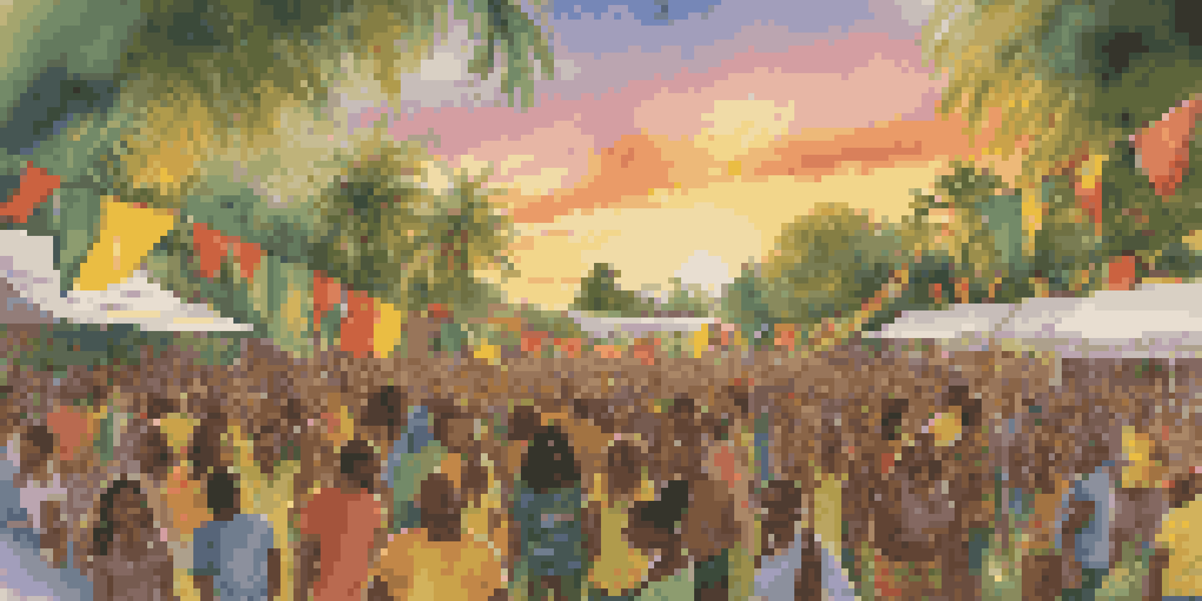 A lively reggae festival with a diverse crowd dancing in a lush park at sunset, colorful banners and a stage adorned with tropical plants.