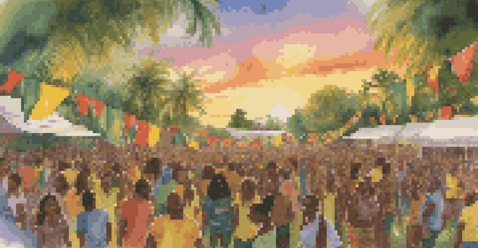 A lively reggae festival with a diverse crowd dancing in a lush park at sunset, colorful banners and a stage adorned with tropical plants.