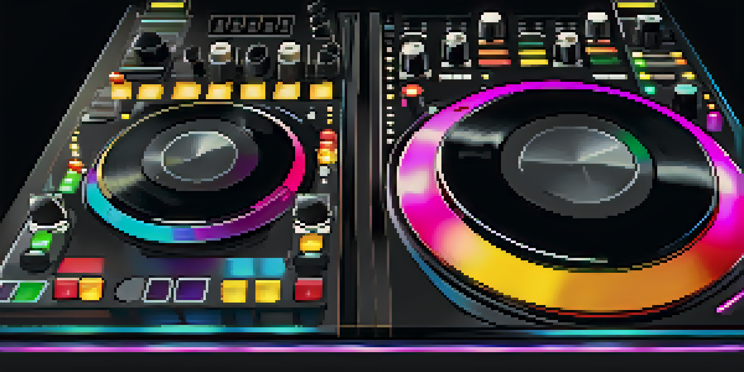 Close-up of a DJ controller with colorful buttons and knobs in a dimly lit club.