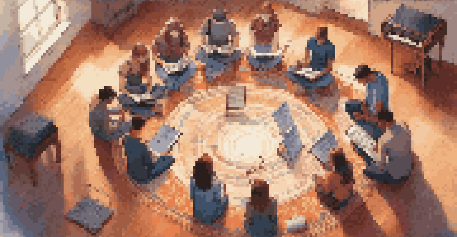 An overhead view of music students collaborating in a circle with digital devices, creating a warm and inviting atmosphere.
