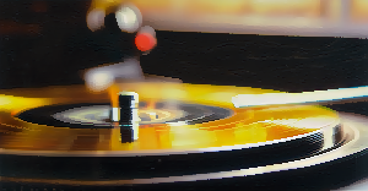 A close-up of a spinning vinyl record on a turntable, illuminated by soft golden light, with blurred music lovers in the background.