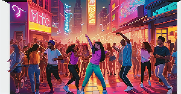 A lively scene of young adults dancing in an urban setting, surrounded by colorful graffiti and neon lights, symbolizing music discovery on TikTok.