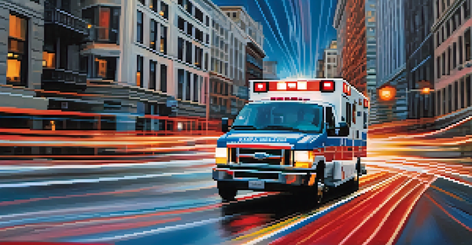 An ambulance moving quickly through a city street, with colorful sound waves illustrated around it, showing the Doppler Effect, and a blurred cityscape in the background.
