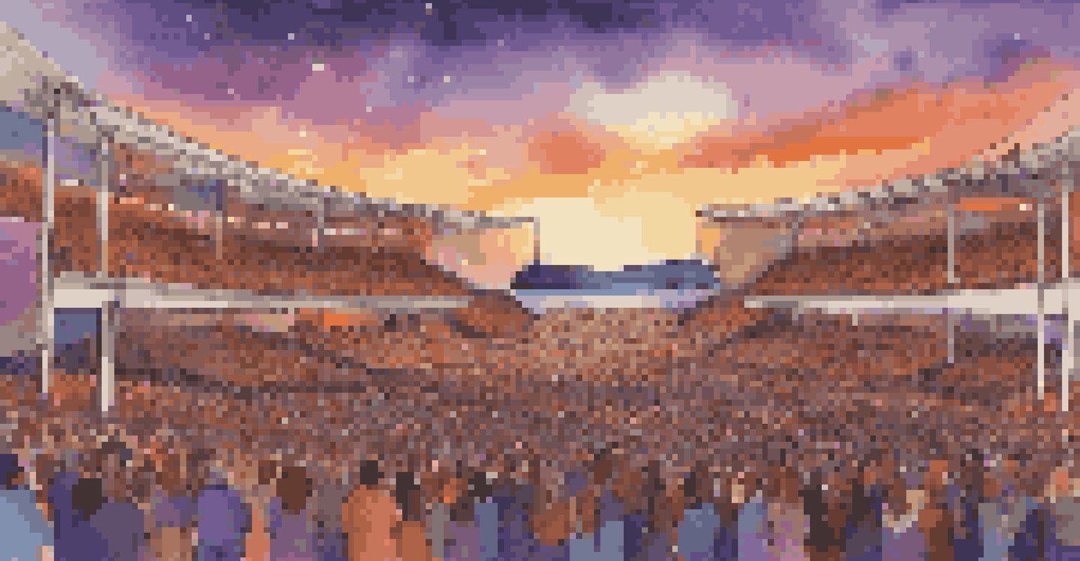 A sunset choral event with choirs performing and an enthusiastic audience holding flags.