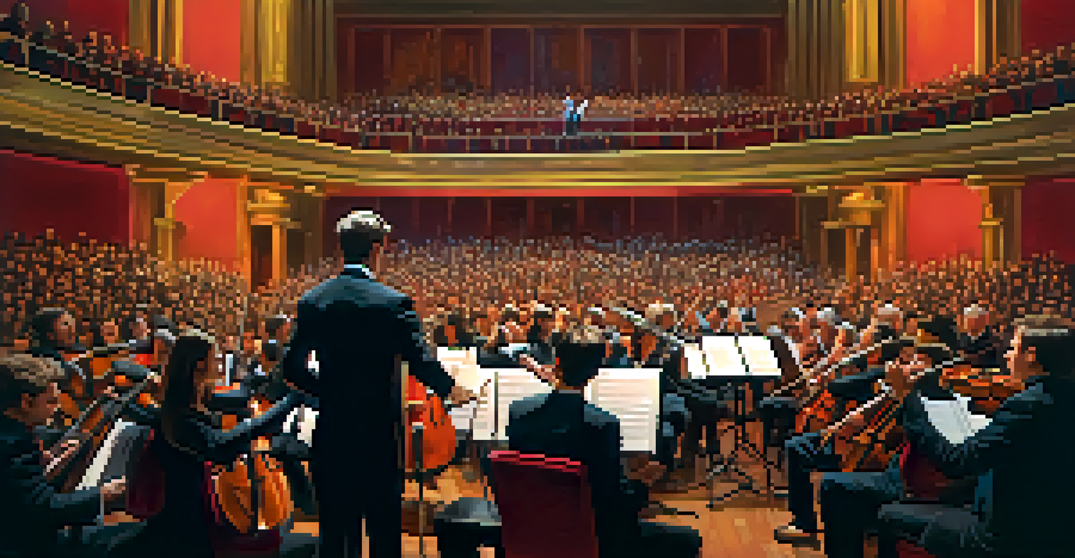 An orchestra performing in a grand concert hall, with musicians and a conductor illuminated dramatically, creating an emotional atmosphere.