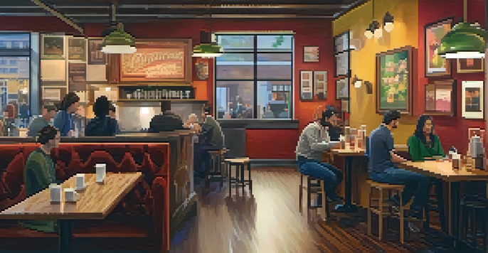 A warm and inviting coffee shop with patrons enjoying their time. A barista is preparing drinks while customers work on laptops and chat in a cozy setting.