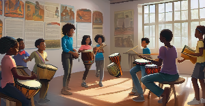 A diverse group of students in a music classroom, learning about traditional African drums from a teacher, with colorful educational posters on the walls.