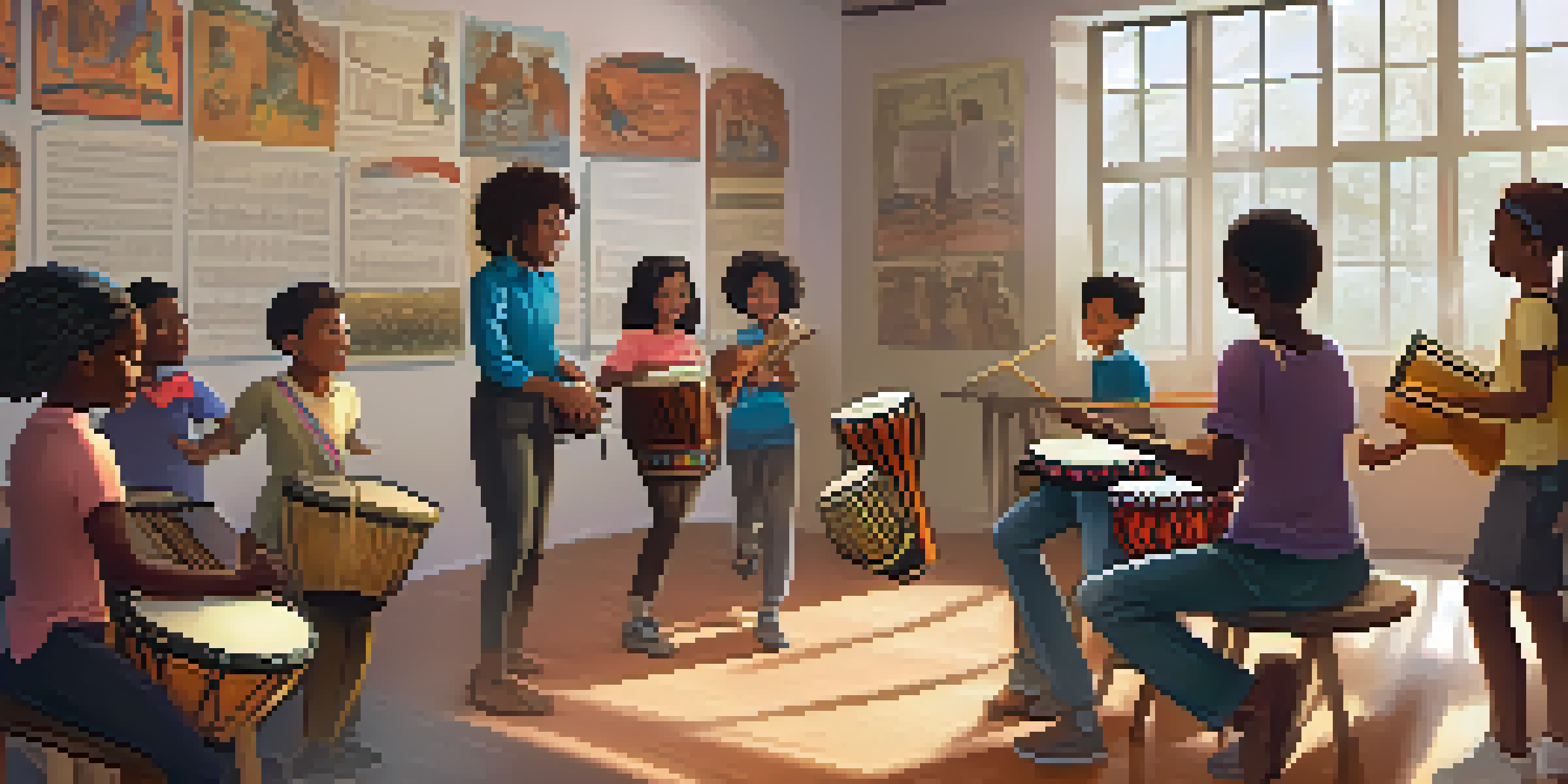 A diverse group of students in a music classroom, learning about traditional African drums from a teacher, with colorful educational posters on the walls.