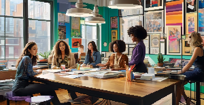 A diverse group of women working together in a bright and colorful office, with posters of famous female musicians on the walls.