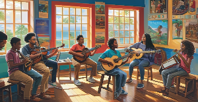 A diverse group of music students playing various traditional instruments in a colorful classroom filled with sunlight.