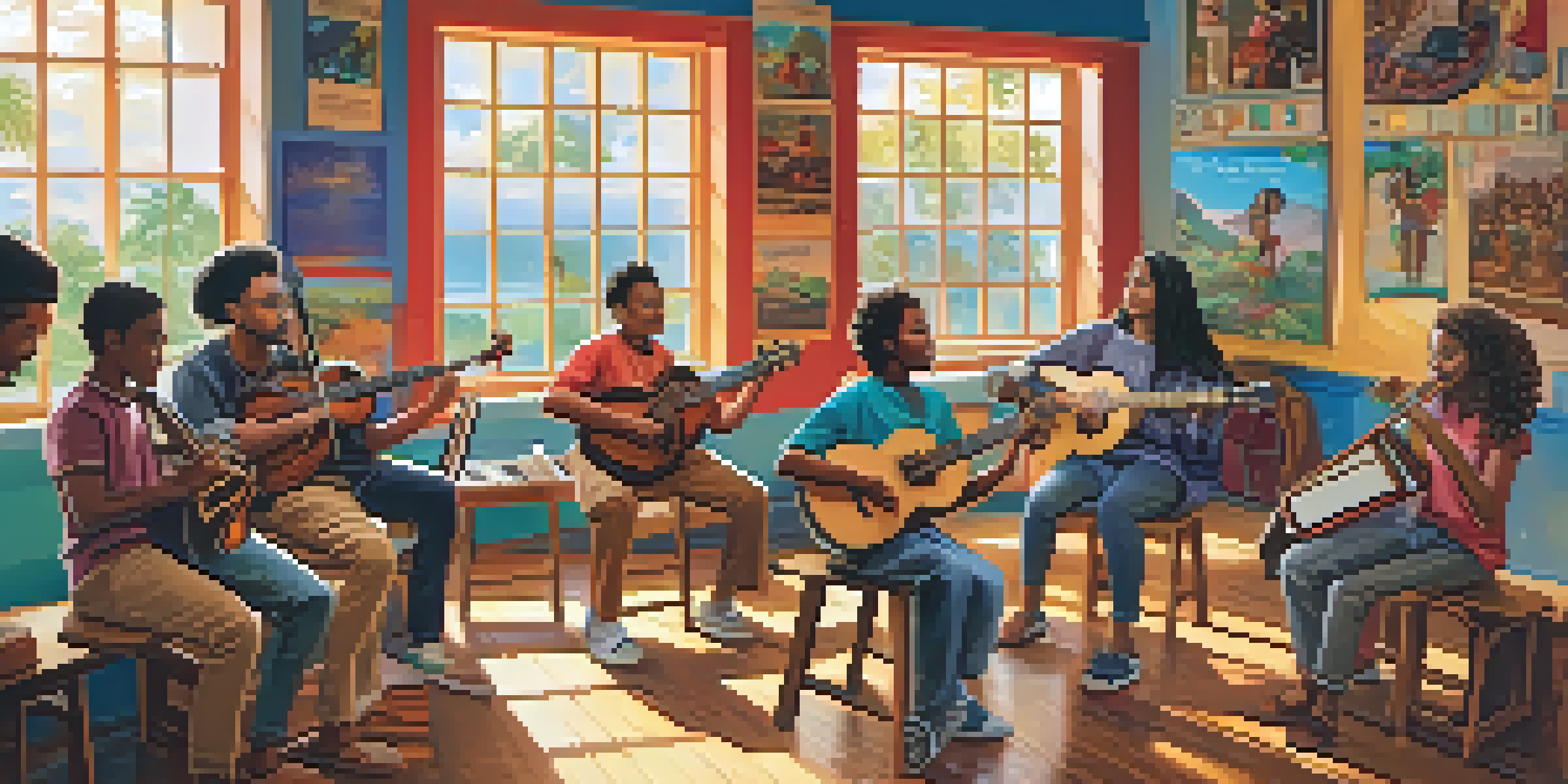 A diverse group of music students playing various traditional instruments in a colorful classroom filled with sunlight.