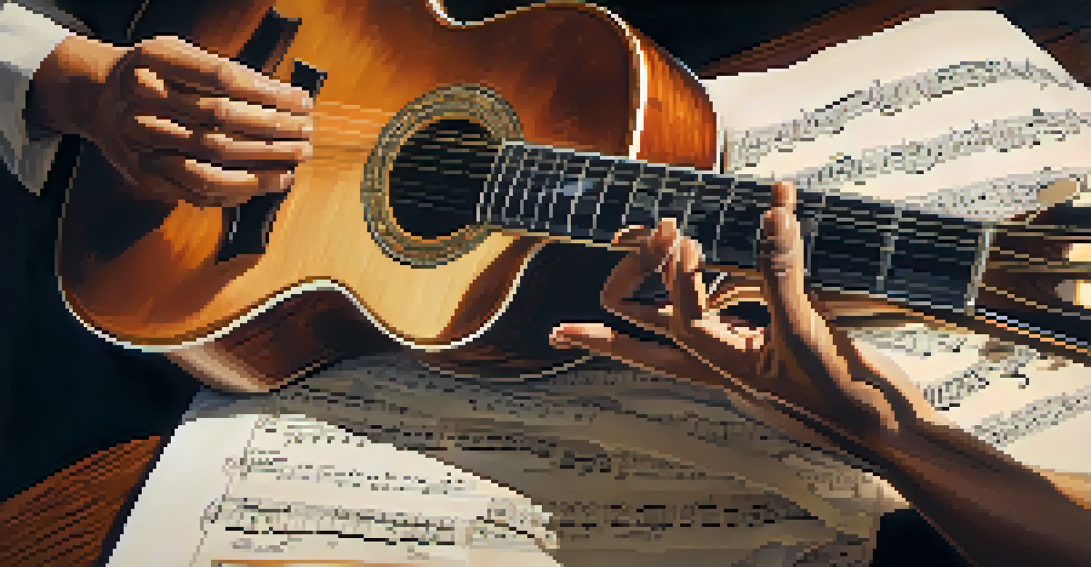 Close-up of a musician's hands playing a guitar with sheet music around.