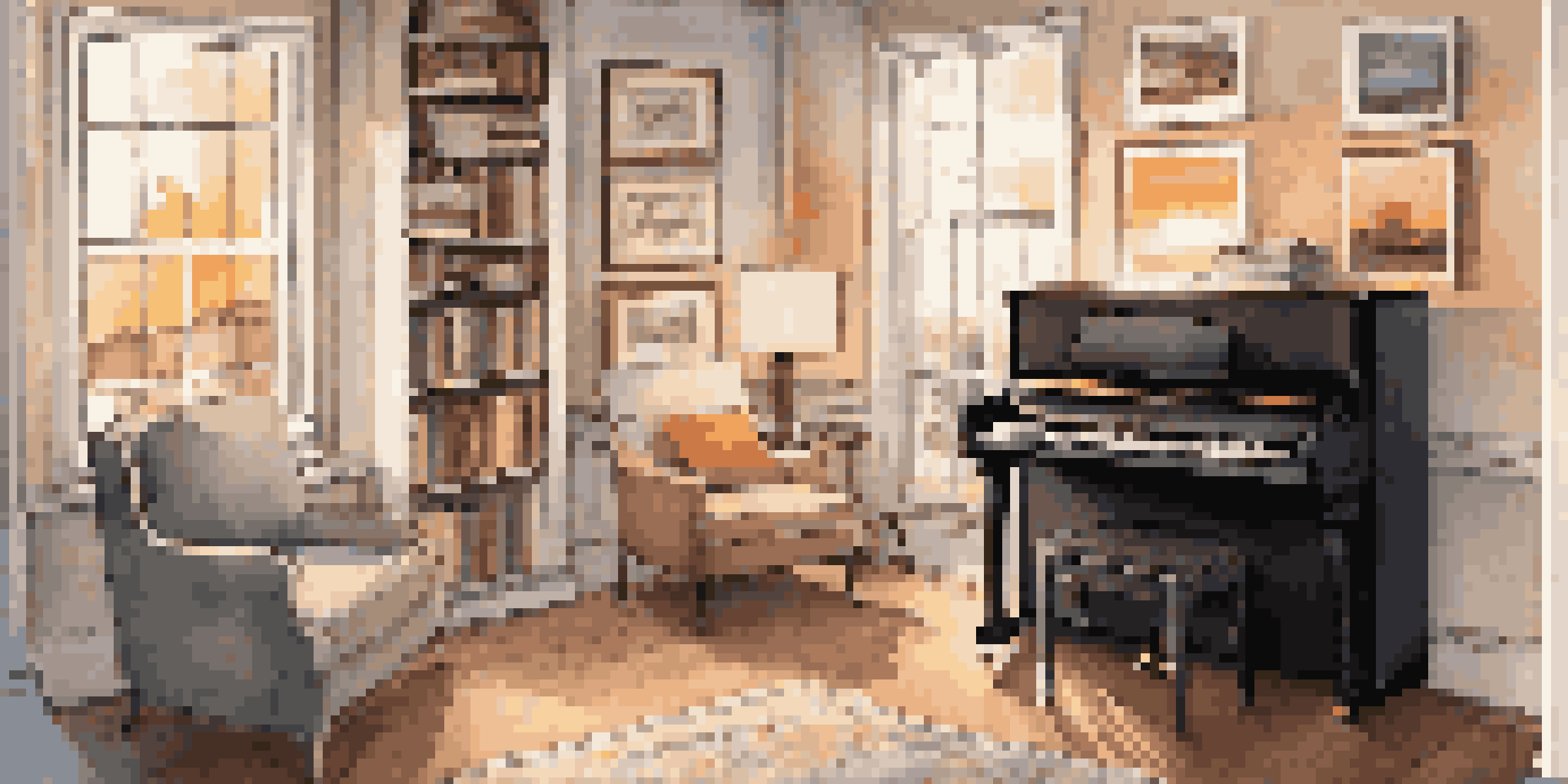 A cozy home music studio with a grand piano, sheet music, a guitar, and warm lighting, creating a serene atmosphere.